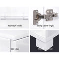 White gloss buffet detail: aluminium bar handle, strong cabinet hinges, safe rounded corner edge, sturdy white cabinet feet