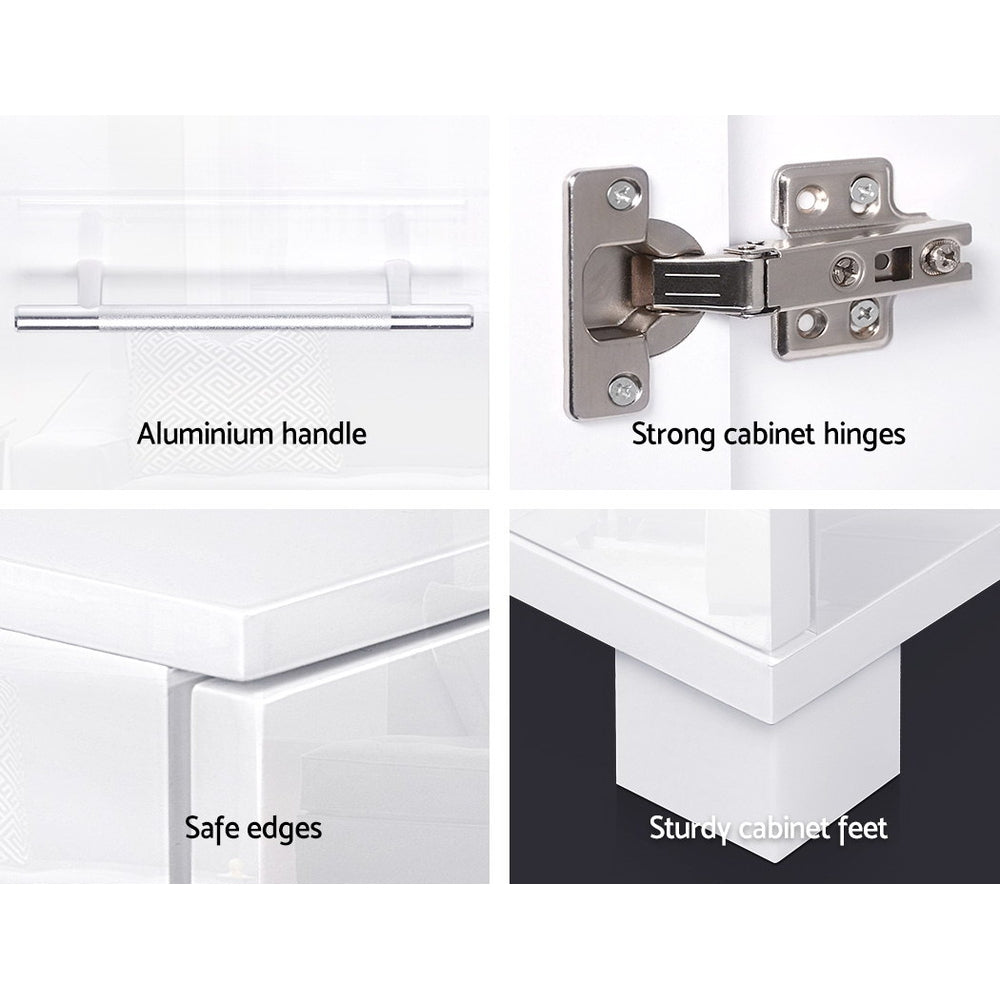 White gloss buffet detail: aluminium bar handle, strong cabinet hinges, safe rounded corner edge, sturdy white cabinet feet