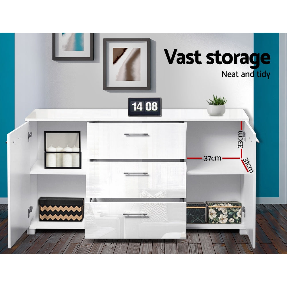 White gloss buffet open with candles in left cabinet, baskets in lower right; drawer 37cm wide, 33cm tall; text: vast storage