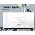 White gloss sideboard against grey wall with vases and geometric decor on top; text: timeless appeal, high gloss finish