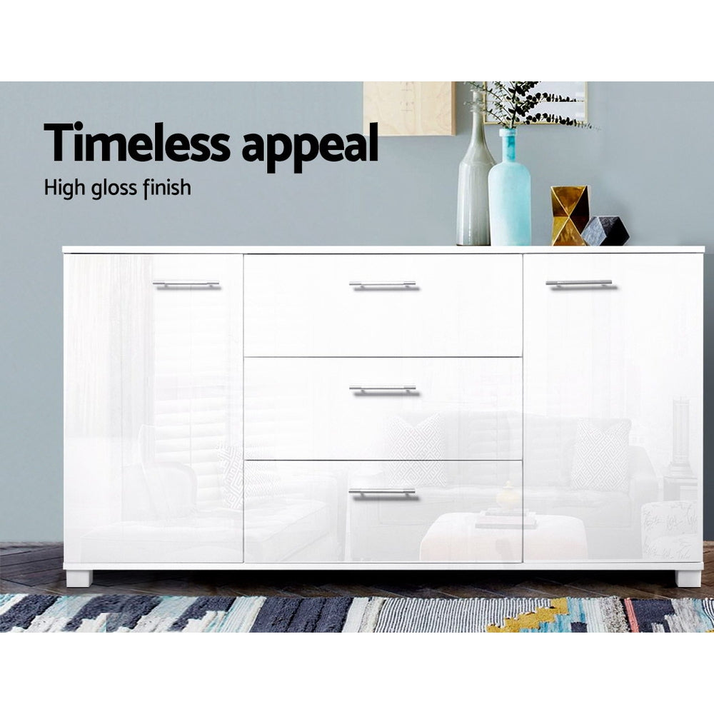 White gloss sideboard against grey wall with vases and geometric decor on top; text: timeless appeal, high gloss finish