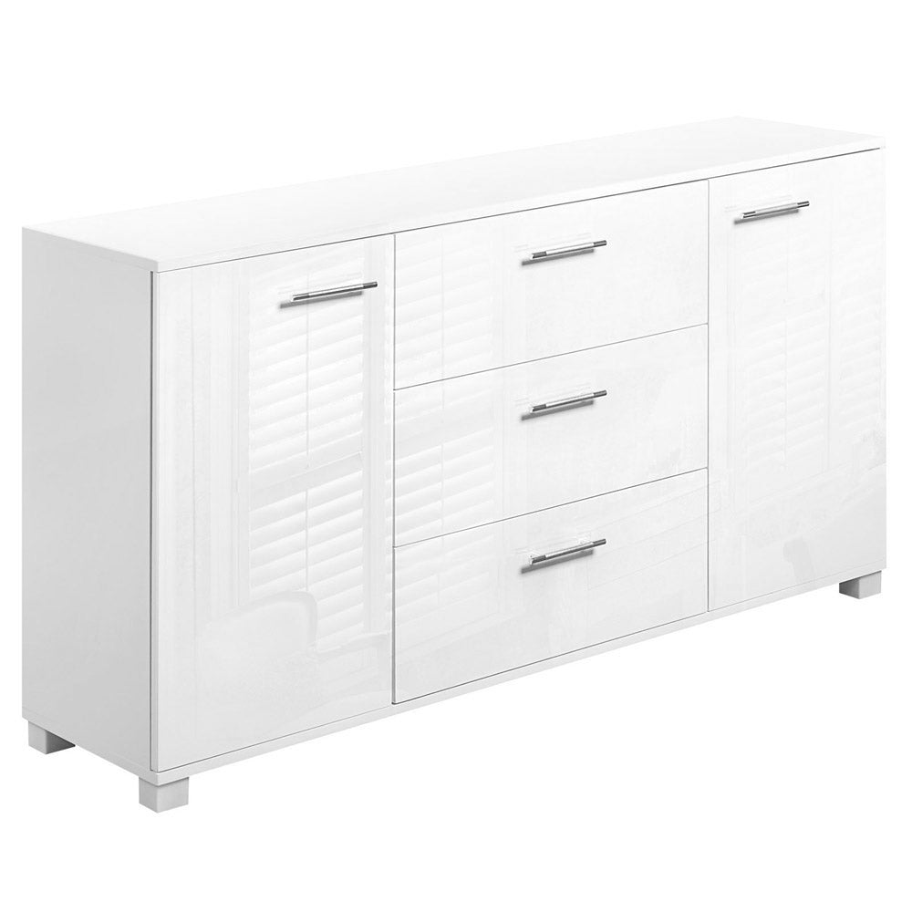 White high-gloss buffet with louvred panel doors on each side, three centre drawers, silver bar handles, angle view