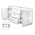 White gloss buffet dimensions: 138cm wide, 74cm tall, 39cm deep; cabinet 67cm high, three drawers 33cm each, legs 4cm