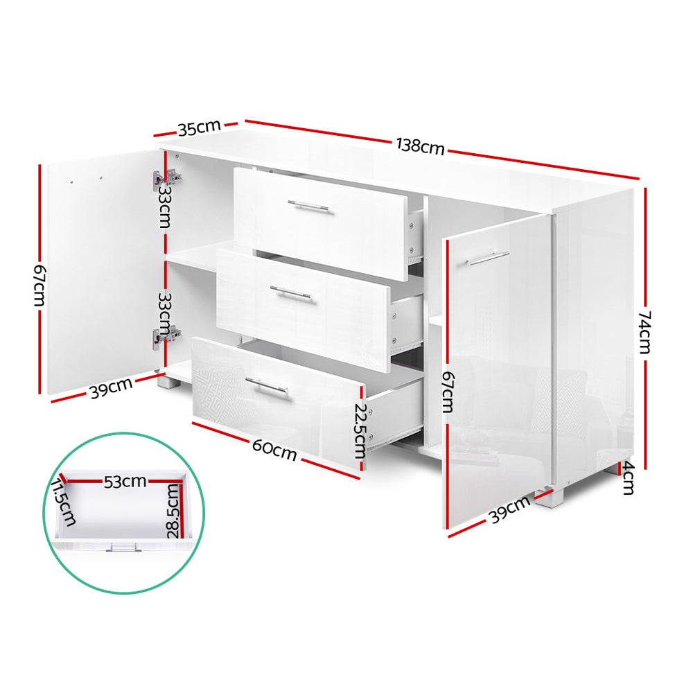 White gloss buffet dimensions: 138cm wide, 74cm tall, 39cm deep; cabinet 67cm high, three drawers 33cm each, legs 4cm