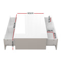 Top-down dimensions diagram of white gloss coffee table: 95cm long, 60cm wide, 30cm high, drawers 40x25cm