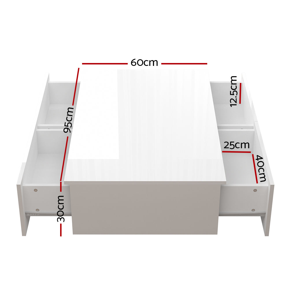 Top-down dimensions diagram of white gloss coffee table: 95cm long, 60cm wide, 30cm high, drawers 40x25cm