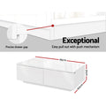 White gloss coffee table features showing precise drawer gap detail and dimensions 95x60x31cm