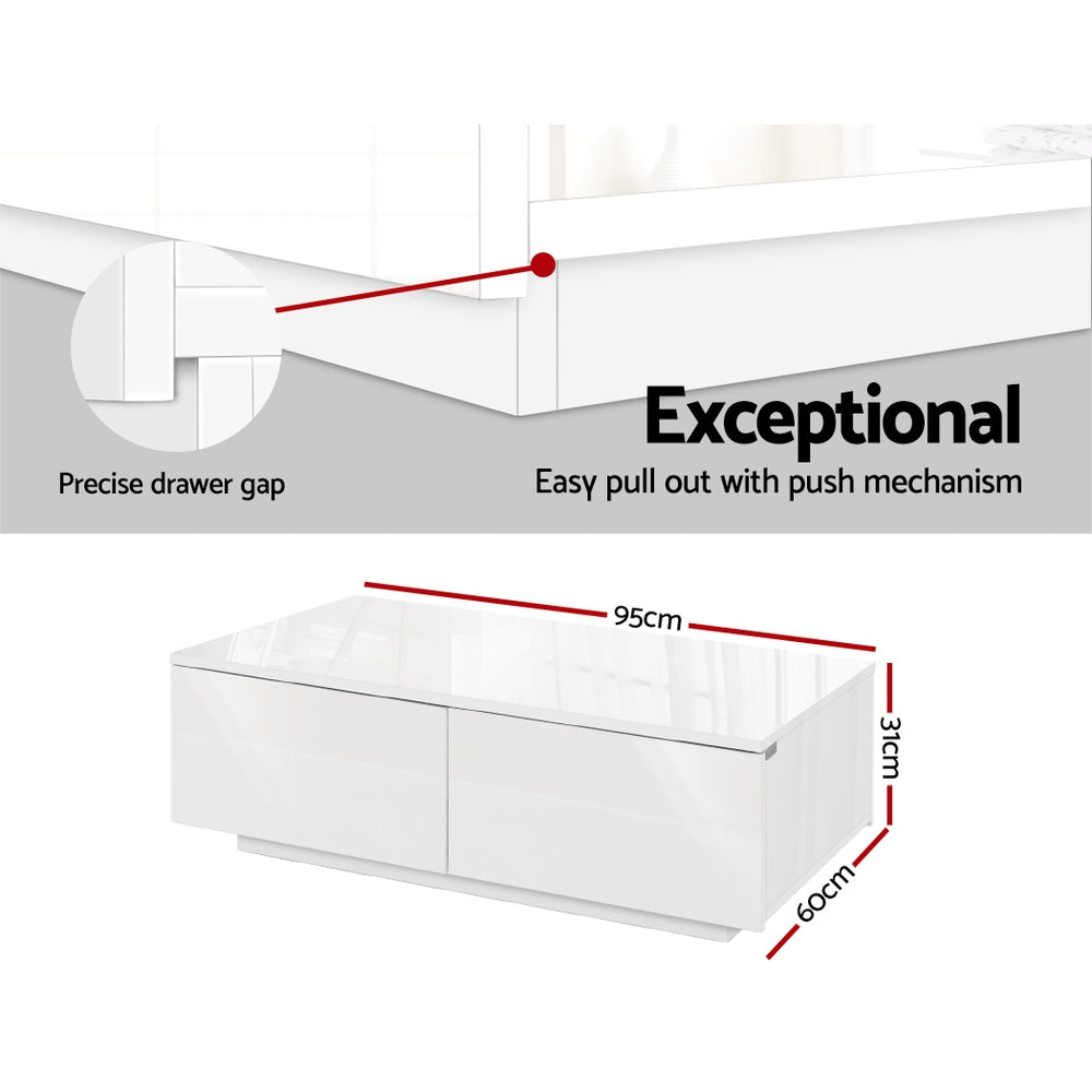 White gloss coffee table features showing precise drawer gap detail and dimensions 95x60x31cm