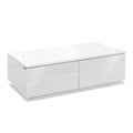 White high-gloss coffee table with two closed front drawers and chrome detail on white background