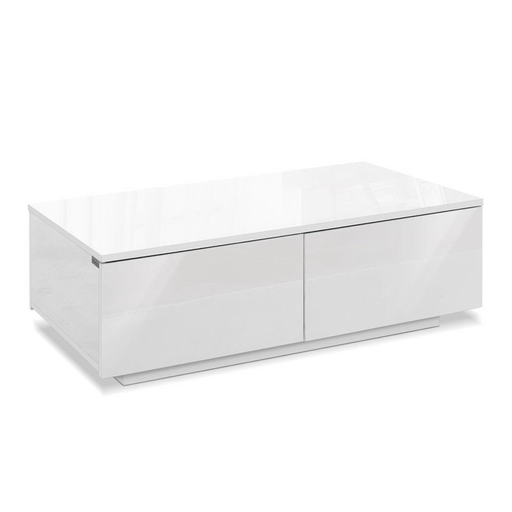 White high-gloss coffee table with two closed front drawers and chrome detail on white background