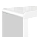 Close-up of rounded corner on white high-gloss nesting table top with reflective surface on white background