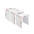 Dimensions diagram of three white nesting tables: large 55x40x48cm, medium 45x35x43cm, small 38x30x38cm