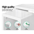 Feature infographic for white gloss nesting tables showing durable construction, anti-scratch and easy to clean icons