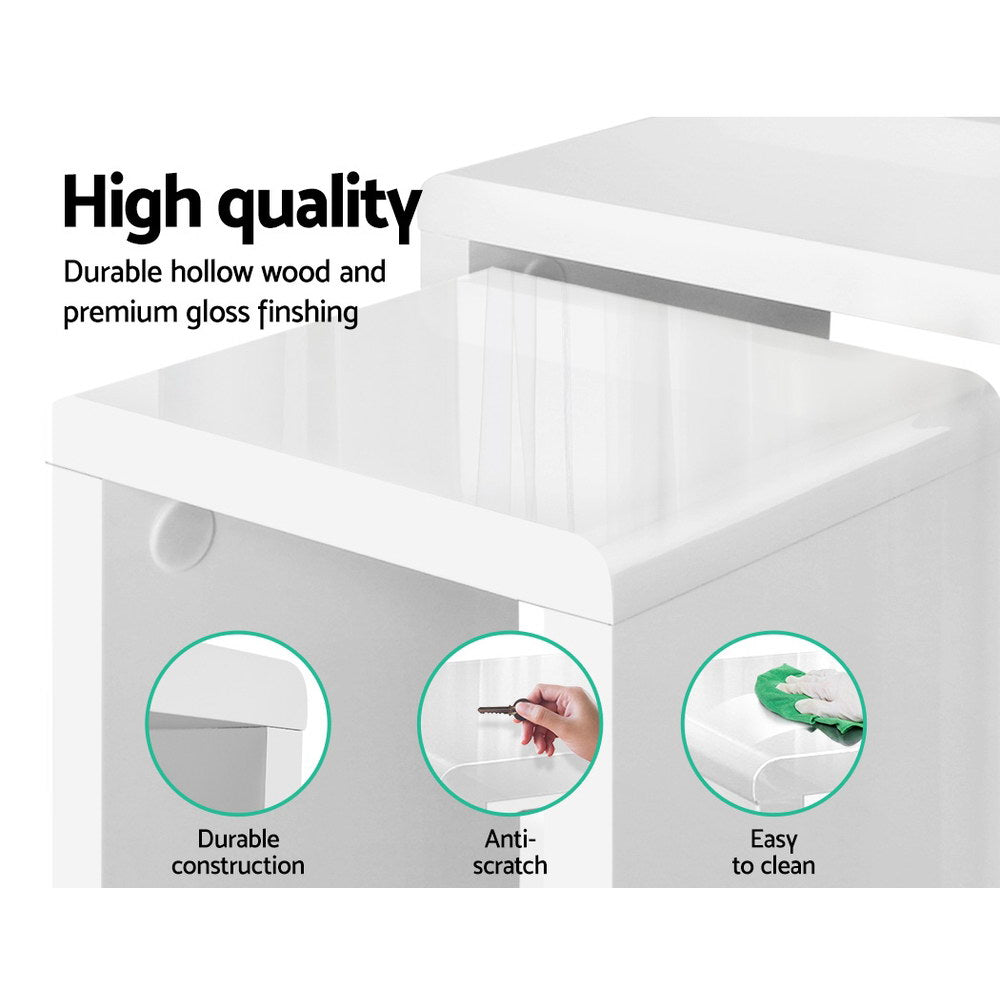 Feature infographic for white gloss nesting tables showing durable construction, anti-scratch and easy to clean icons