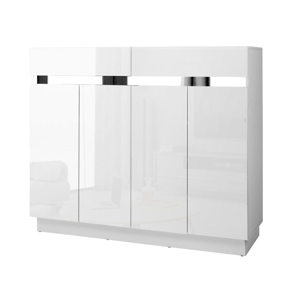 White high-gloss shoe cabinet four lower doors two upper compartments chrome handle strip in hallway