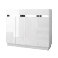 White high-gloss shoe cabinet with four lower doors and chrome handle strip angle view on white background