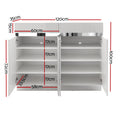 White gloss shoe cabinet dimensions 120cm wide 100cm tall with four lower shelves 17cm spacing and two top drawers