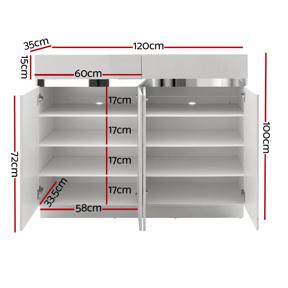 White gloss shoe cabinet dimensions 120cm wide 100cm tall with four lower shelves 17cm spacing and two top drawers