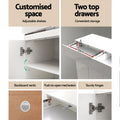 White gloss shoe cabinet features panel showing adjustable shelves two top drawers backboard vents and push-to-open mechanism