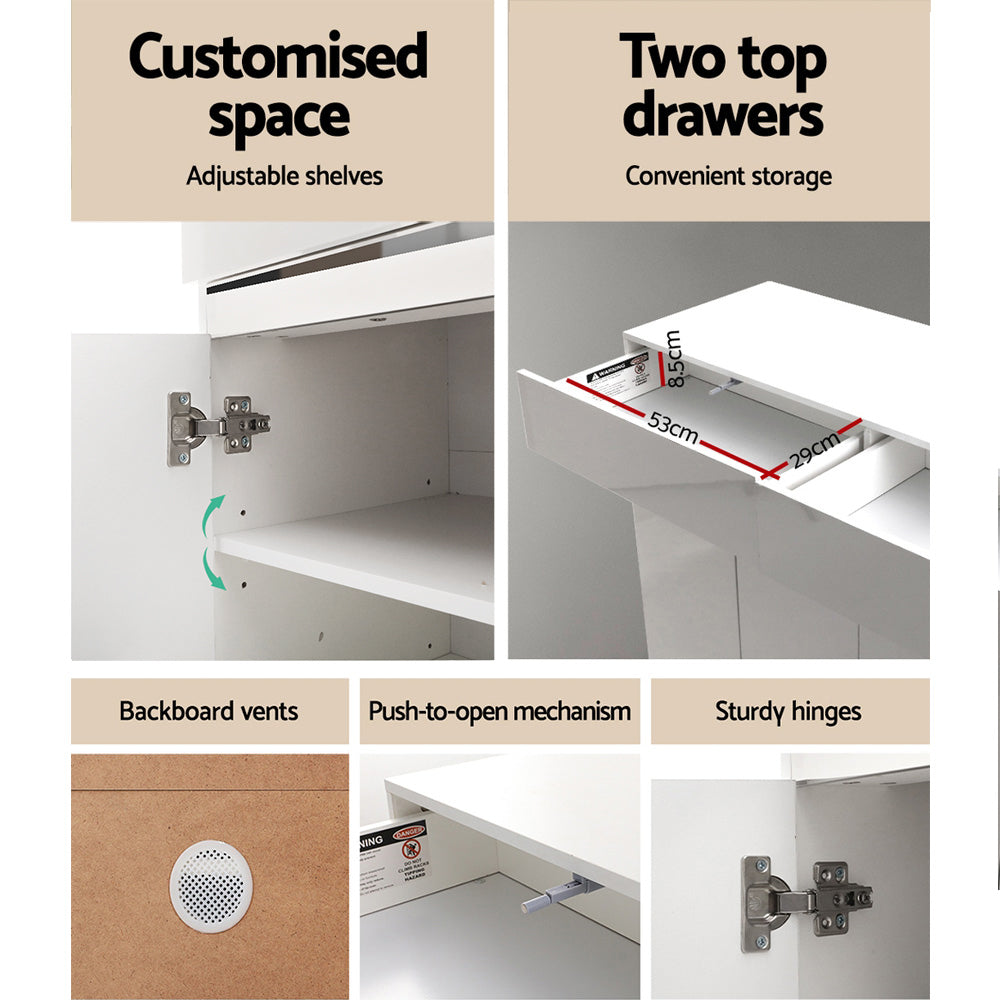 White gloss shoe cabinet features panel showing adjustable shelves two top drawers backboard vents and push-to-open mechanism