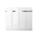White high-gloss shoe cabinet with four doors and chrome handle strip front view on white background