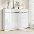White high-gloss shoe cabinet four lower doors two upper compartments chrome handle strip in hallway