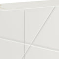 Close-up of white high-gloss sideboard showing marble-effect top and geometric angled door panel with diagonal line detail
