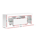 White glossy LED TV unit 130cm dimension diagram 130x45x35cm with internal bay and shelf measurements