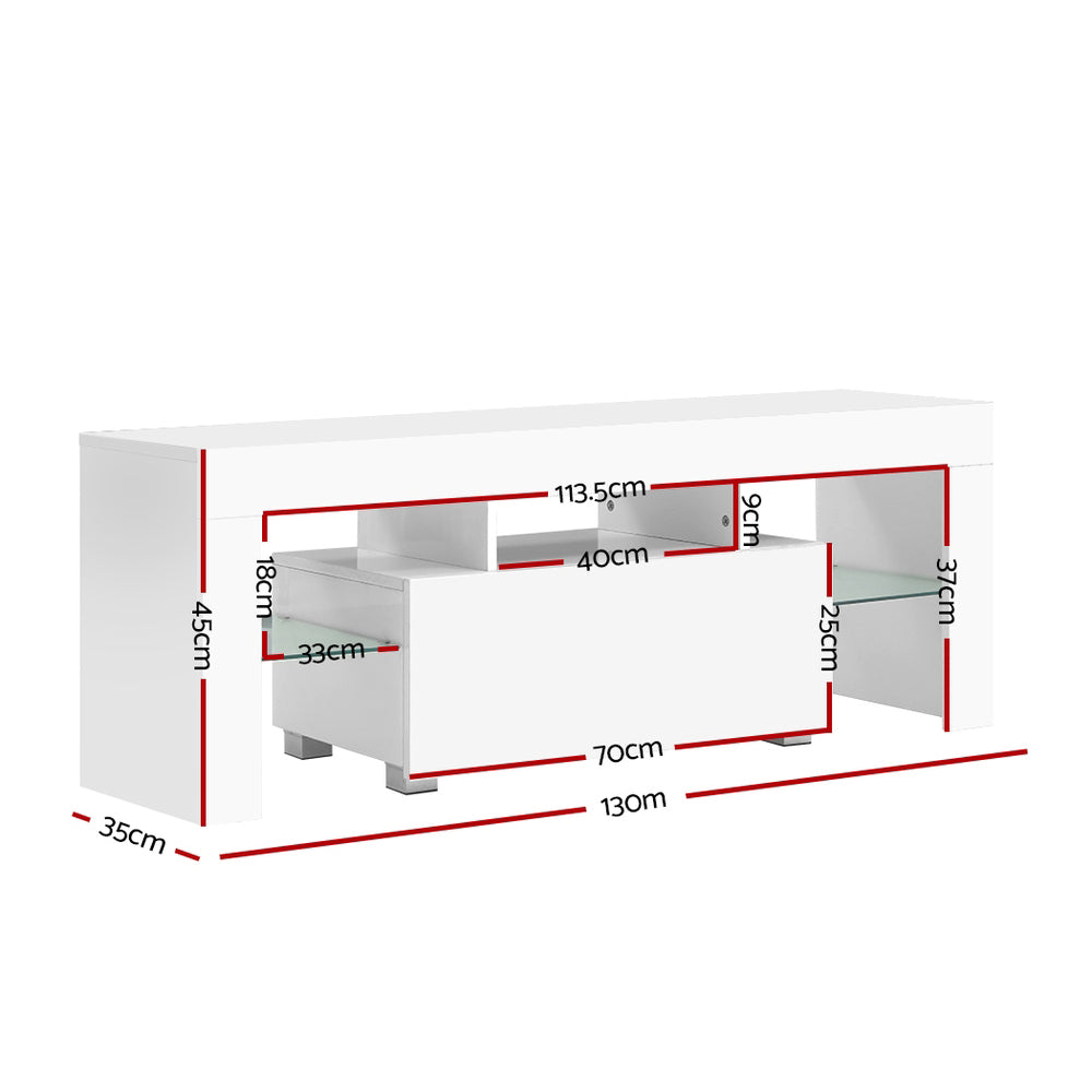 White glossy LED TV unit 130cm dimension diagram 130x45x35cm with internal bay and shelf measurements