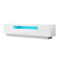 White glossy LED TV unit 180cm angle view on white blue LED strip two side doors and two center drawers