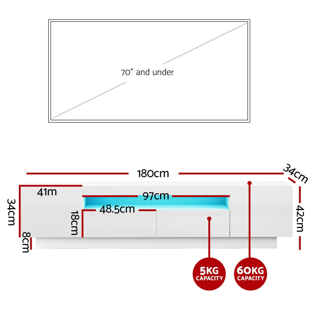 White glossy LED TV unit 180cm dimension diagram 180x34x42cm fits 70-inch TV 5kg drawers 60kg top and 97cm shelf width