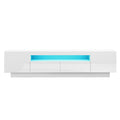 White glossy LED TV unit 180cm flat front view on white background blue LED strip two side doors and two push-open drawers