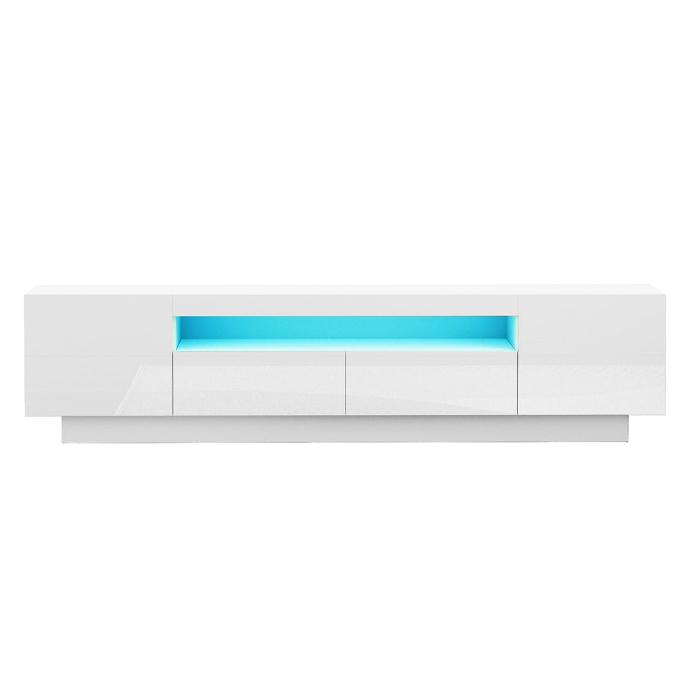 White glossy LED TV unit 180cm flat front view on white background blue LED strip two side doors and two push-open drawers