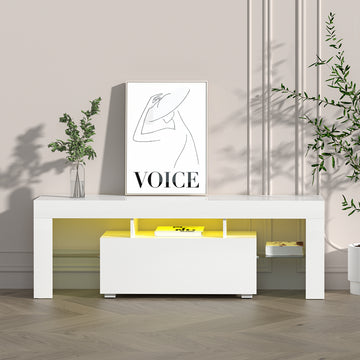 White glossy LED TV unit 189cm lifestyle with warm yellow LED VOICE art print green plants and books