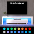 White glossy LED TV unit 200cm 16 LED colours dark grey room lifestyle with 16 colour swatch circles