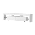 White glossy LED TV unit 200cm angle view white background two centre drawers and open side bays