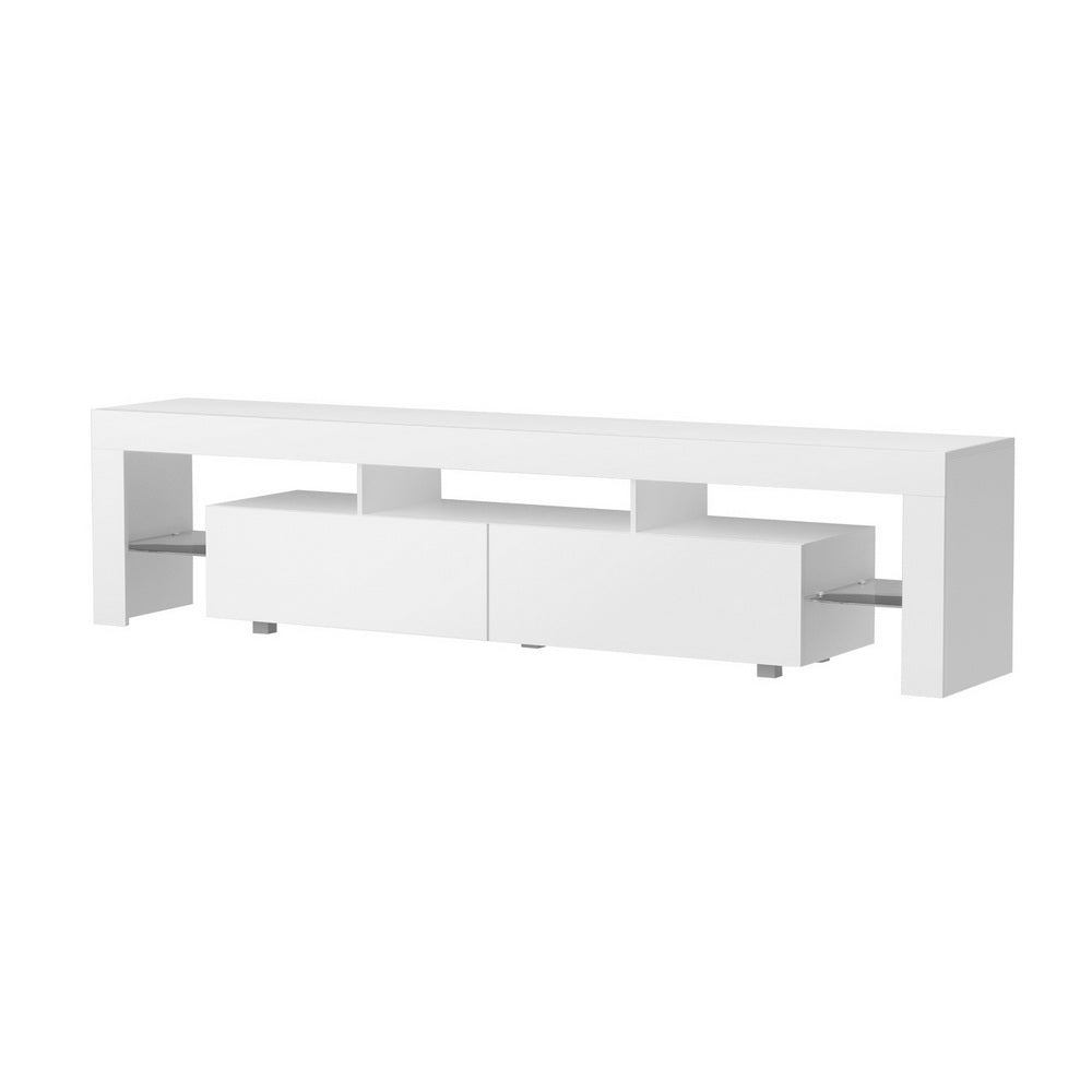 White glossy LED TV unit 200cm angle view white background two centre drawers and open side bays