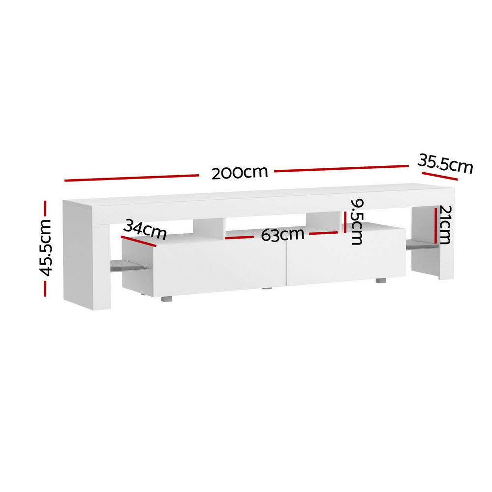White glossy LED TV unit 200cm dimension diagram 200x45.5x35.5cm with internal measurements