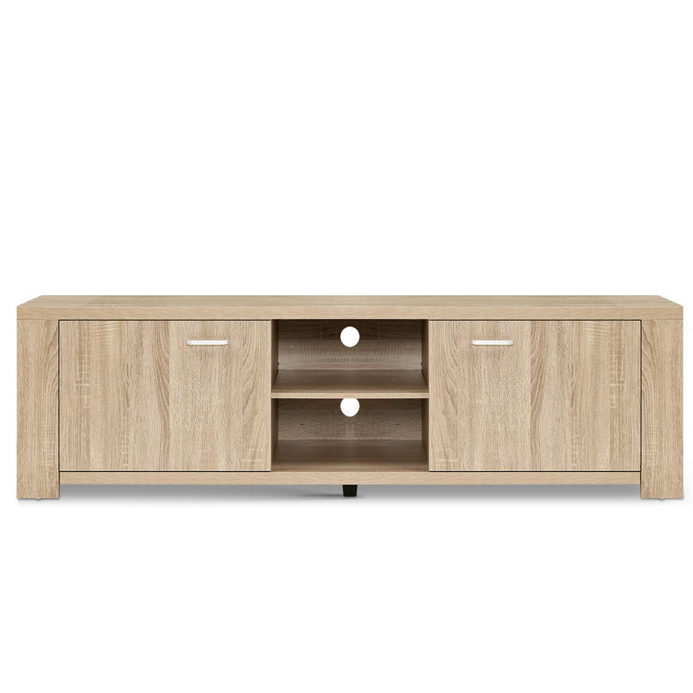 White glossy LED TV unit dimension diagram showing external and internal cabinet measurements in red