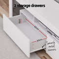 White glossy LED TV unit storage drawers open showing 62cm x 30cm interior with smooth metal runners