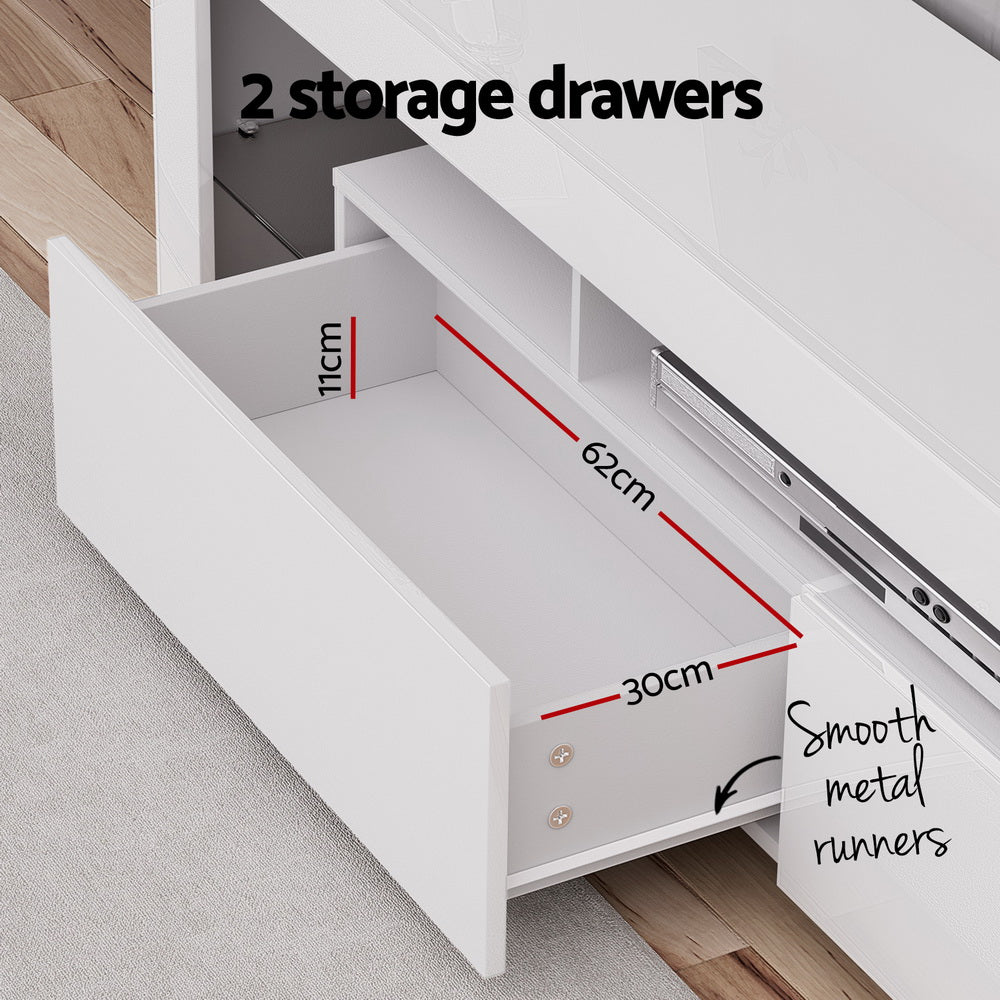 White glossy LED TV unit storage drawers open showing 62cm x 30cm interior with smooth metal runners
