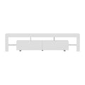 White glossy LED TV unit 200cm front flat view three open top shelves two push-open central drawers