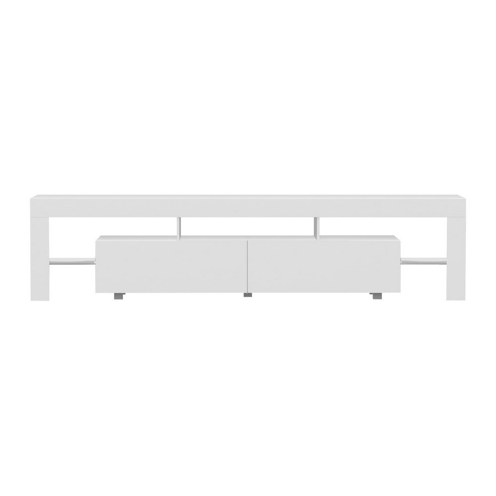 White glossy LED TV unit 200cm front flat view three open top shelves two push-open central drawers