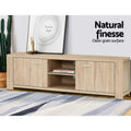 White glossy LED TV unit 200cm front view on white background with two push-open centre drawers