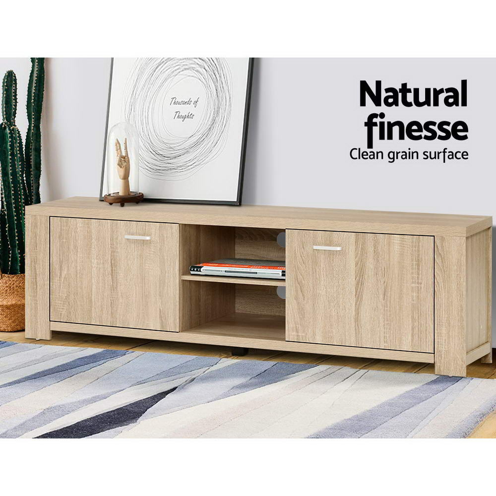 White glossy LED TV unit 200cm front view on white background with two push-open centre drawers