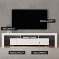 White glossy LED TV unit 200cm with 50KG 5KG 10KG 5KG capacity labels in grey lounge room