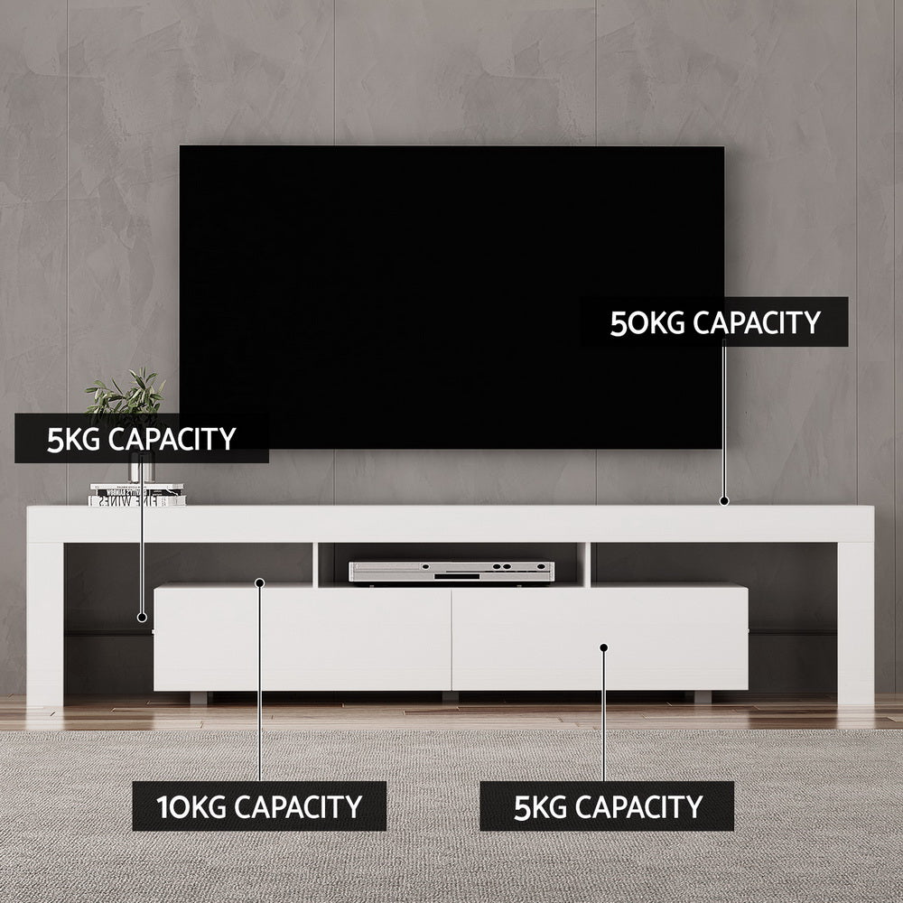 White glossy LED TV unit 200cm with 50KG 5KG 10KG 5KG capacity labels in grey lounge room