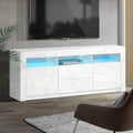 White glossy LED TV unit 200cm in grey room showing 50KG 10KG 5KG weight capacity labels