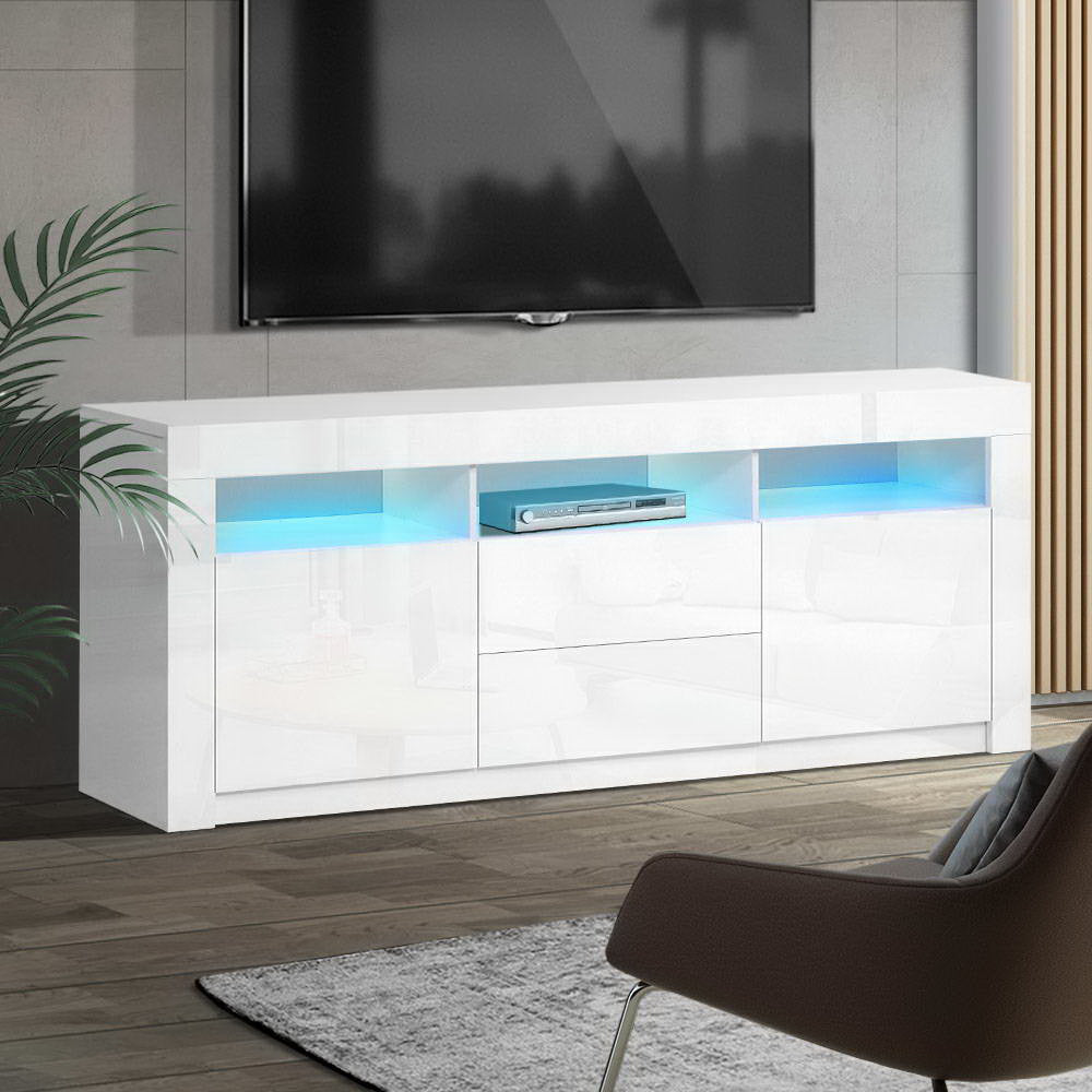 White glossy LED TV unit 200cm in grey room showing 50KG 10KG 5KG weight capacity labels