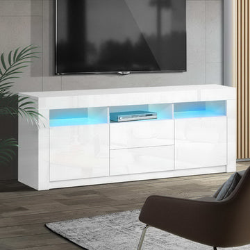 White glossy LED TV unit 200cm in grey room showing 50KG 10KG 5KG weight capacity labels